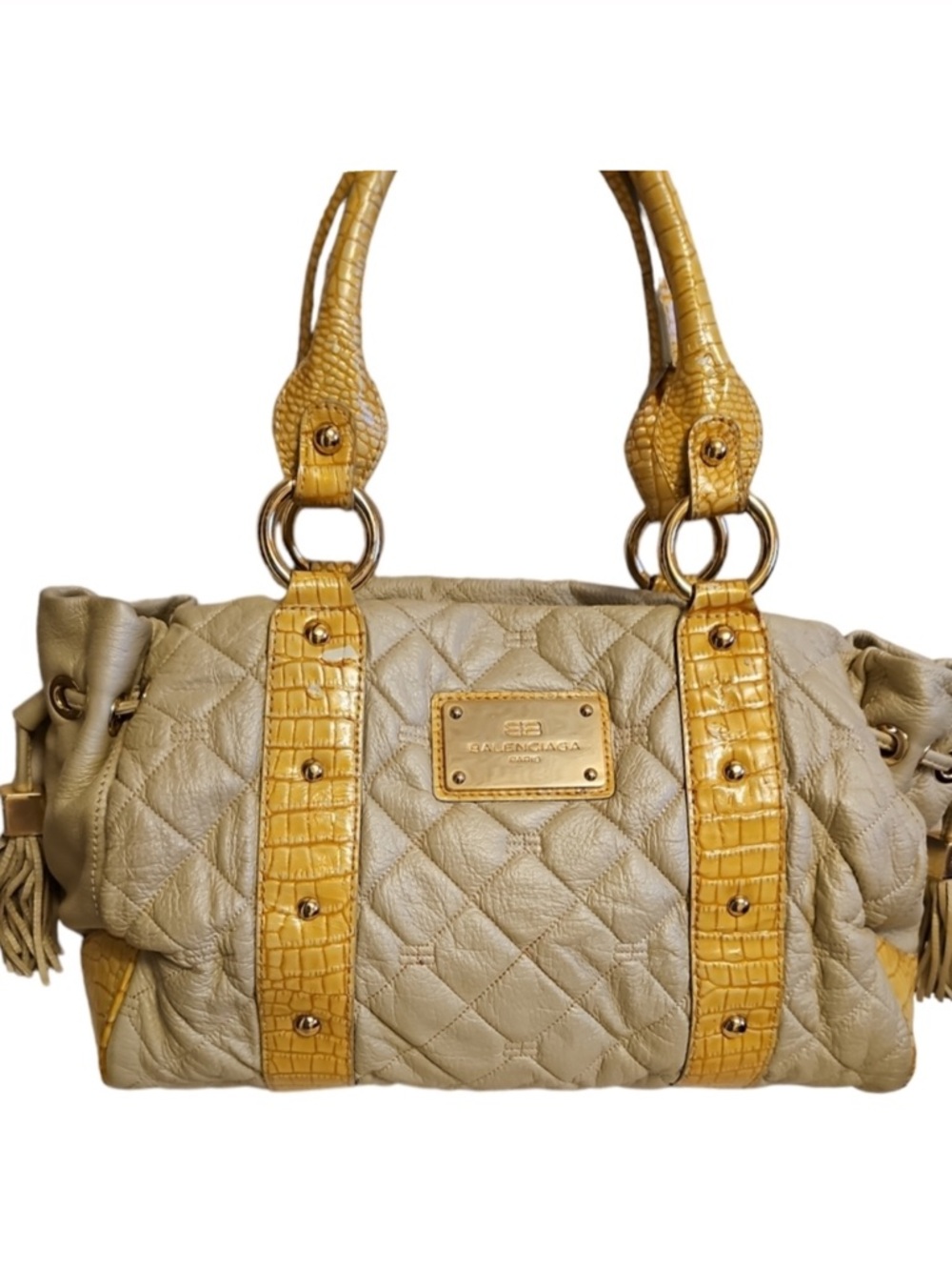 Balenciaga Vintage Quilted Shoulder Bag with Gold Croc- BB Logo Monogram Leather